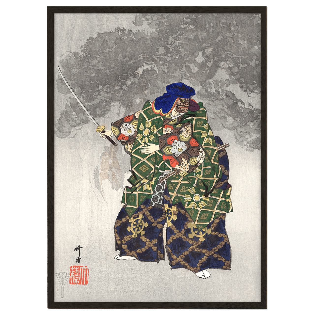 Actors fighting in the Noh theater play Eboshiori by Kogyo Tsukioka