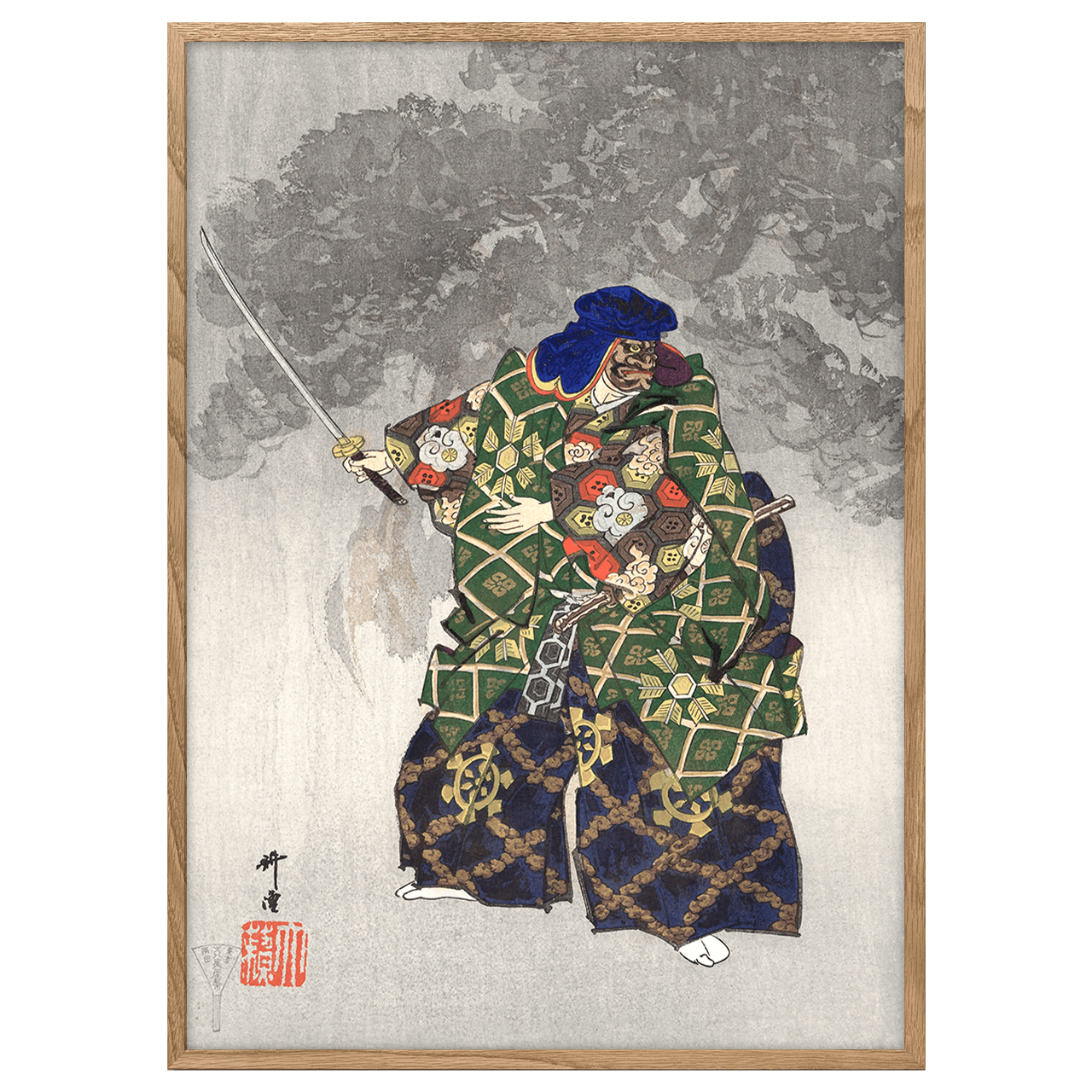 Actors fighting in the Noh theater play Eboshiori by Kogyo Tsukioka