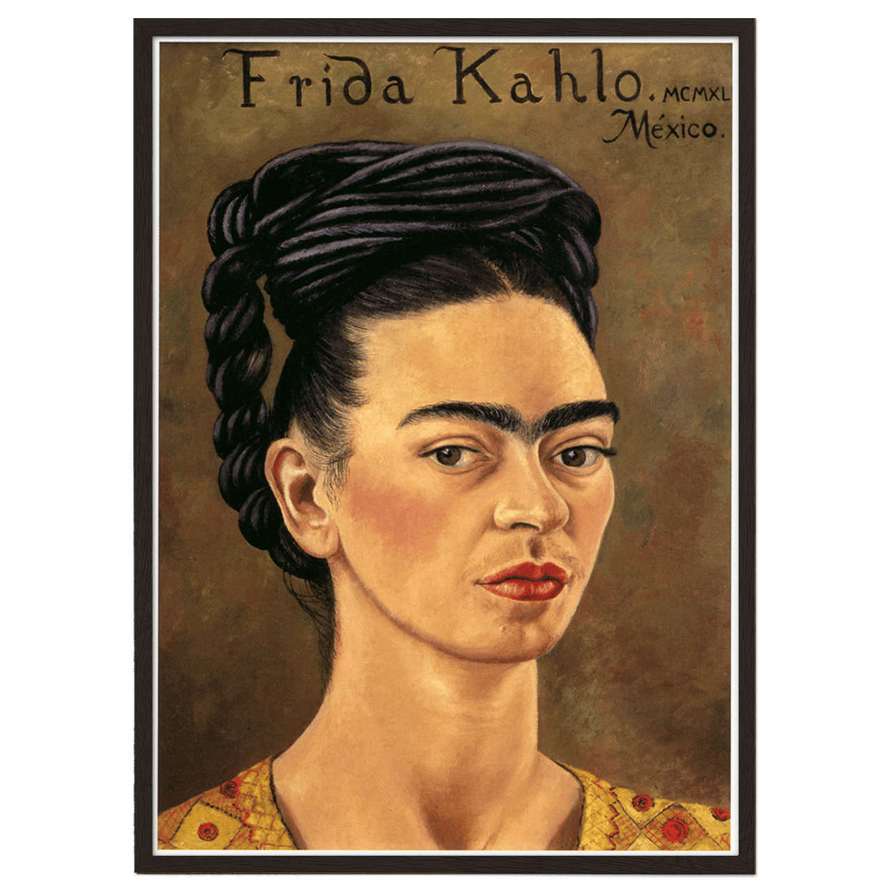 Self-portrait in red and gold dress by Frida Kahlo