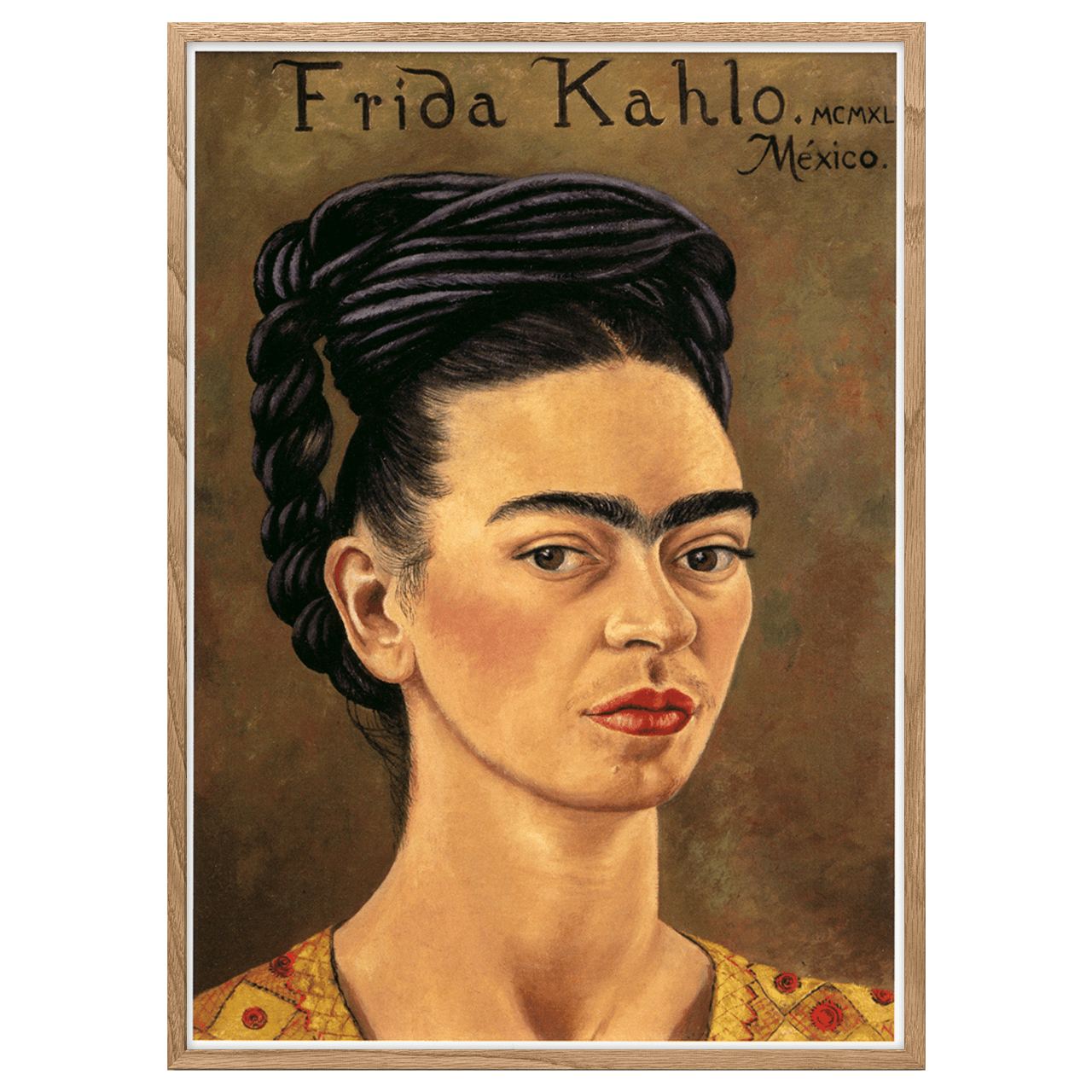Self-portrait in red and gold dress by Frida Kahlo
